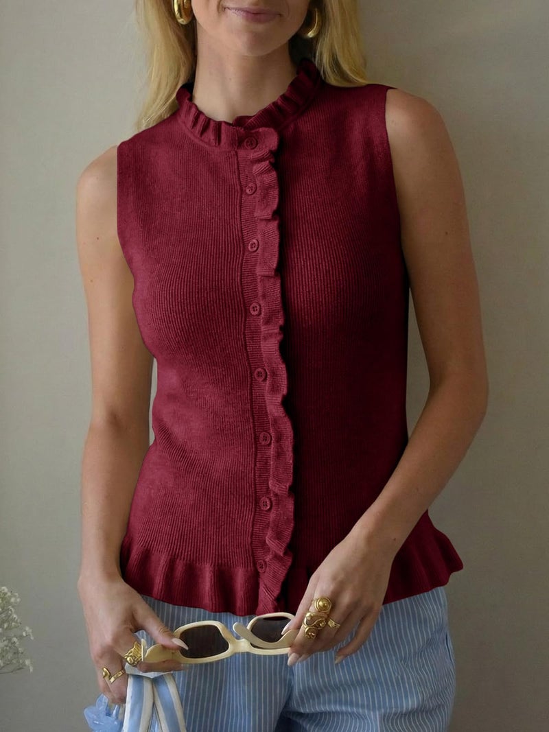 Saodimallsu Womens Sleeveless Sweater Vest Ruffle Button Down Knit Tank Top Summer Trendy Going Out Vest Tops Wine Red - Image 4