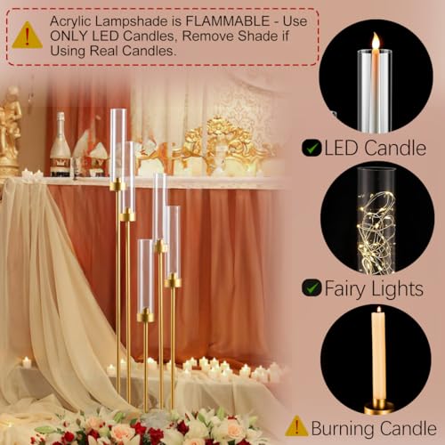 Fullvaseer Tall 5 Arm Candle Holder for Wedding Table,39.4'' Tall Candelabra with Acrylic Lampshade for Birthday Party Home Decoration Halloween Christmas Day Fit LED Taper Candles - Image 5