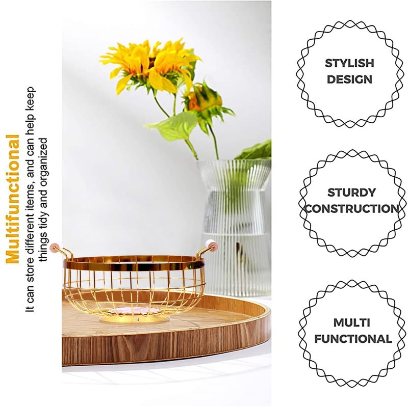 NIYANTA Fruit Basket for Dining Table Wire Fruit Basket Kitchen Decorative Stand for Fruit StorageVegetable Snack Bread Round Fruit Baskets Table Centerpiece for Kitchen_Golden - Image 3