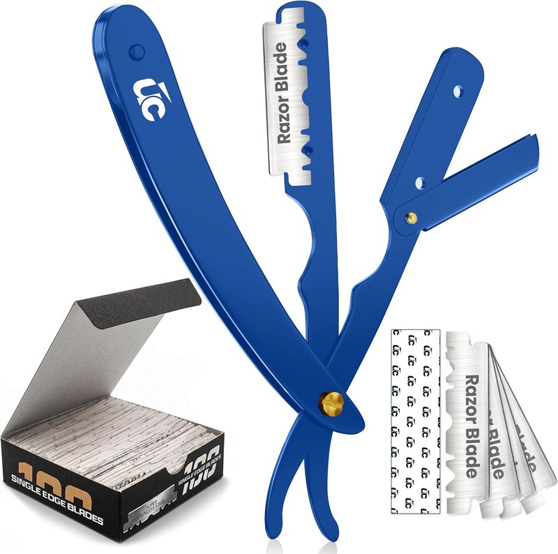 Utopia Care Professional Straight Razor for Men, Barber Straight Edge Razor Safety with 100-Pack Derby Blades - 100 Percent Stainless Steel - Blue - Image 1