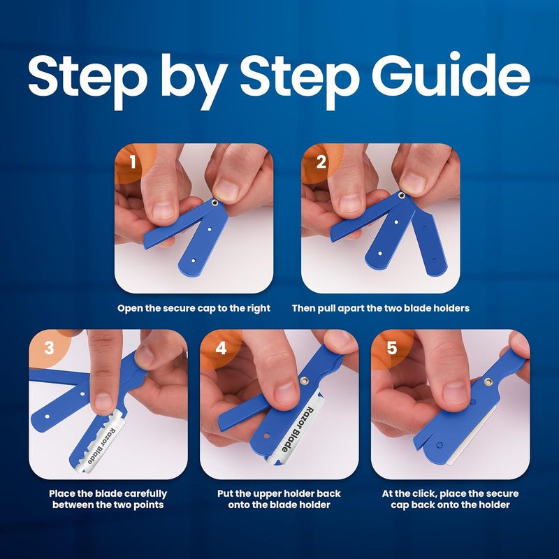 Utopia Care Professional Straight Razor for Men, Barber Straight Edge Razor Safety with 100-Pack Derby Blades - 100 Percent Stainless Steel - Blue - Image 5