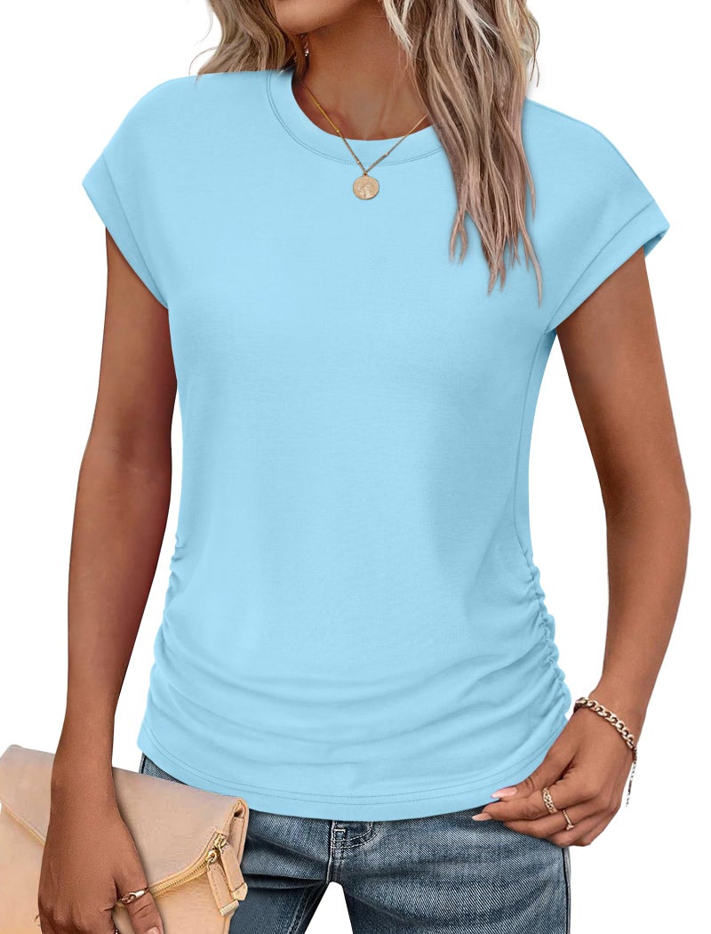 Sampeel Cap Sleeve Tops for Women Loose Casual Dress Shirts Summer Ladies T Shirts Short Sleeve Blouses Blue M - Image 1