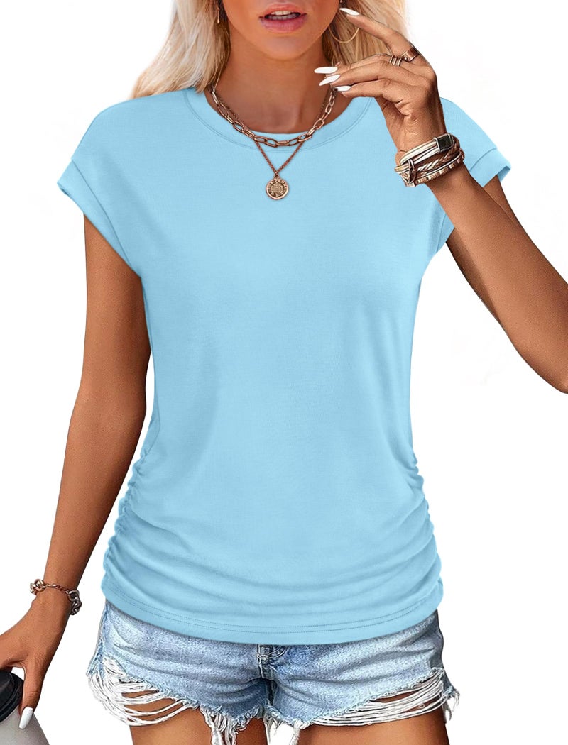 Sampeel Cap Sleeve Tops for Women Loose Casual Dress Shirts Summer Ladies T Shirts Short Sleeve Blouses Blue M - Image 2
