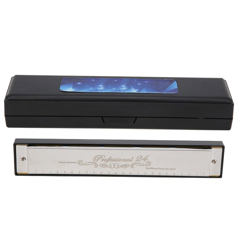 C Key Harmonica 24‑Hole Polyphonic Student Adult Beginner Playing Resin Accented Mouth OrganSilver - Image 1