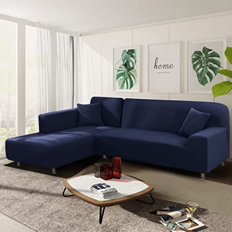 NAISI Couch Cover L Shape 2 Pieces Sofa Cover Soft Stretch Slipcovers with 2pcs Pillowcases Furniture Protector Sectional Couch Covers 3 Seater + 3 Seater Navy - Image 2
