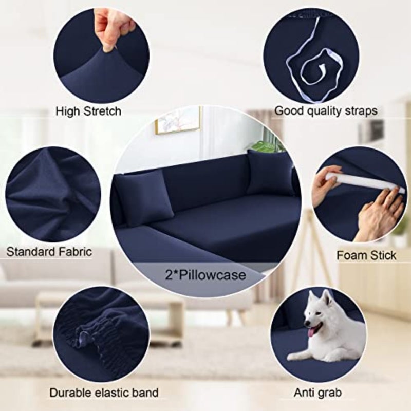 NAISI Couch Cover L Shape 2 Pieces Sofa Cover Soft Stretch Slipcovers with 2pcs Pillowcases Furniture Protector Sectional Couch Covers 3 Seater + 3 Seater Navy - Image 3