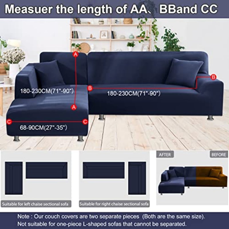 NAISI Couch Cover L Shape 2 Pieces Sofa Cover Soft Stretch Slipcovers with 2pcs Pillowcases Furniture Protector Sectional Couch Covers 3 Seater + 3 Seater Navy - Image 5