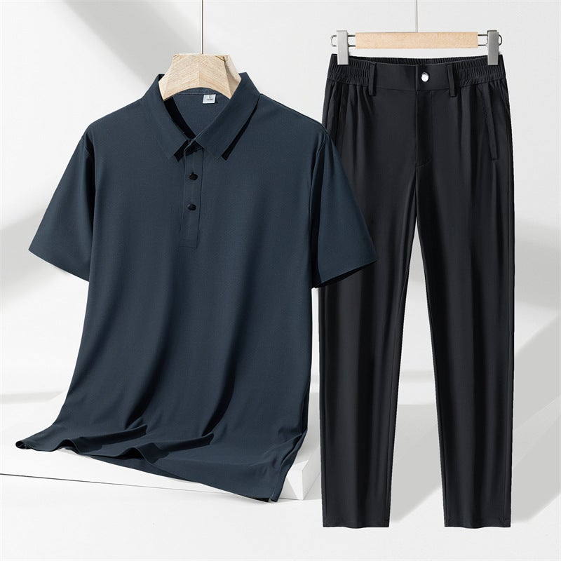 Men's Summer Business Casual Tracksuit Ice Silk Polo Shirt and Pants Two-Piece Set - Image 3