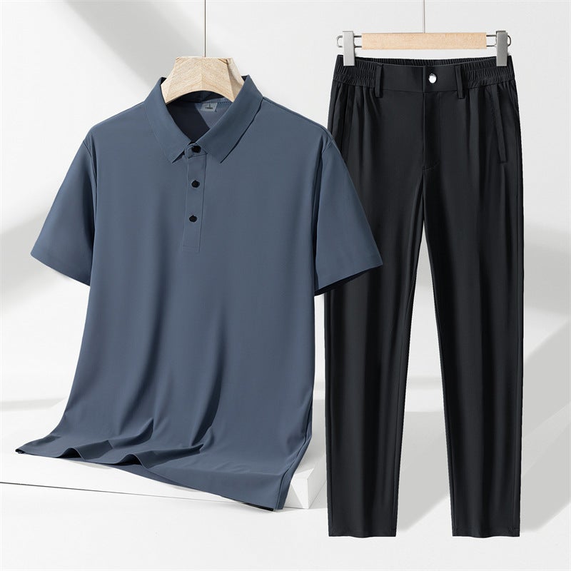 Men's Summer Business Casual Tracksuit Ice Silk Polo Shirt and Pants Two-Piece Set - Image 4