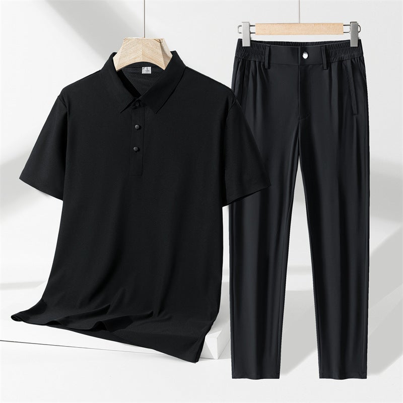 Men's Summer Business Casual Tracksuit Ice Silk Polo Shirt and Pants Two-Piece Set - Image 5