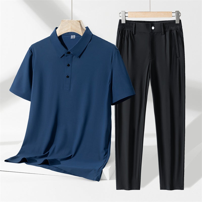 Men's Summer Business Casual Tracksuit Ice Silk Polo Shirt and Pants Two-Piece Set - Image 2
