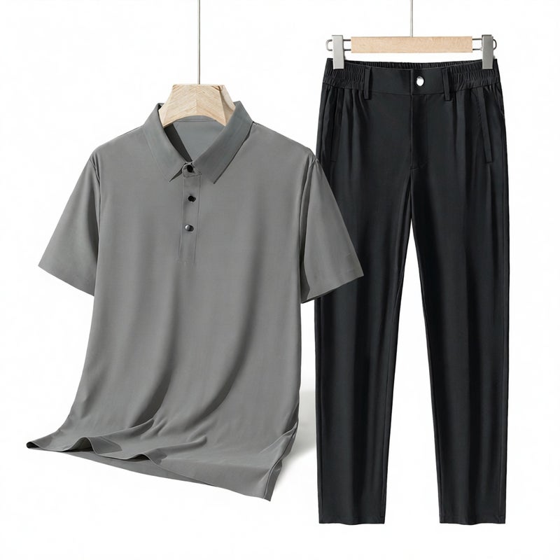 Men's Summer Business Casual Tracksuit Ice Silk Polo Shirt and Pants Two-Piece Set - Image 1