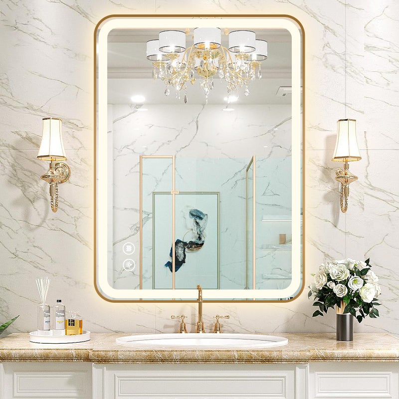 TheiaMo Rectangle LED Bathroom Mirror 32x20 AntiFog Double Touch Lighted Wall Vanity Mirror 45 Beveled Metal Frame Stepless Adjustable Color Temperature Smart Mirror 3000K6000K Gold