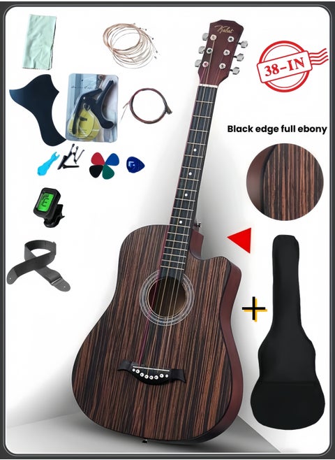 38 Inch 6-Strings Ebony Acoustic Guitar Set with Gig Bag, Tuner, Picks, Strings, Capo, Strap Right Hand