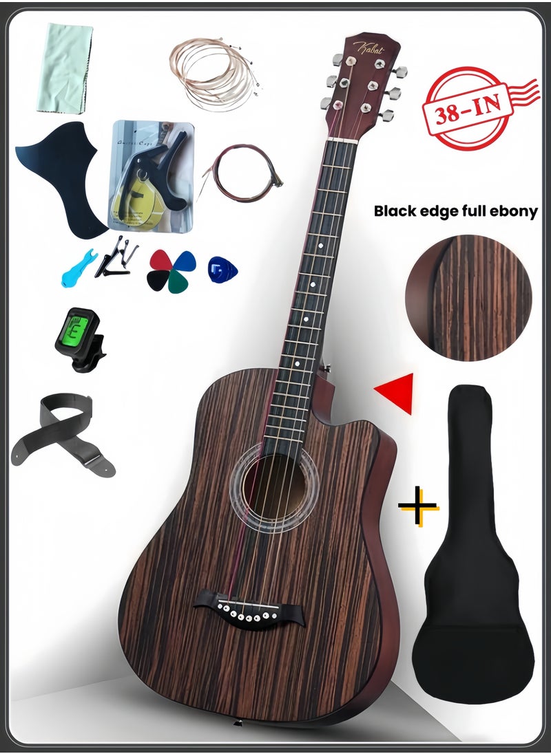 38 Inch 6-Strings Ebony Acoustic Guitar Set with Gig Bag, Tuner, Picks, Strings, Capo, Strap Right Hand  - Image 1