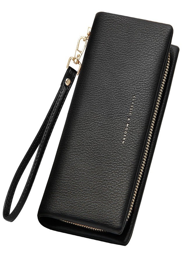 YOUBDM Clutch Wallet for Women Cell Phone Purse With Credit Card Holder Soft Pebbled Leather Wallet with Wristlet Strap(Black) - Image 1