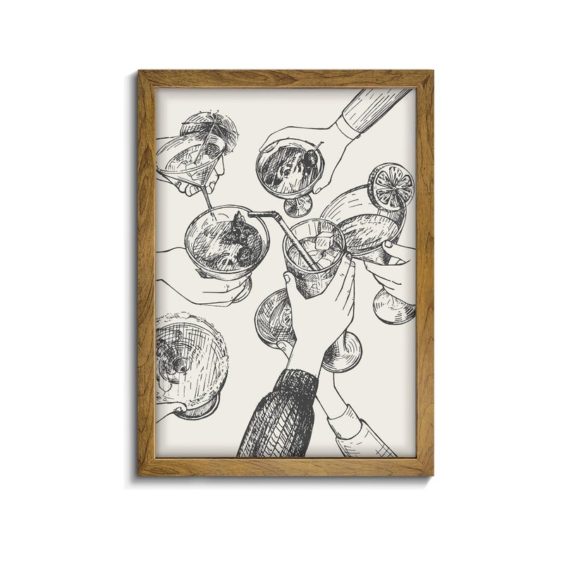calmart Cheers Prints And Poster - Black And White Drawing Wall Art  Cheers Art  Cheers Sign  Bar Cart Wall Decor  Bar Cart Art  Cocktail Print - Image 1