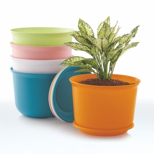 INKULTURE 10 Inch Plastic Round Flower Pots with Tray for Home Planters, Terrace, Garden Etc | Pack of 05 | Peacock | for Home Indoor & Outdoor Gardening Plants - Image 4
