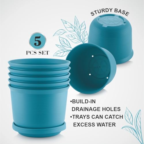 INKULTURE 10 Inch Plastic Round Flower Pots with Tray for Home Planters, Terrace, Garden Etc | Pack of 05 | Peacock | for Home Indoor & Outdoor Gardening Plants - Image 2