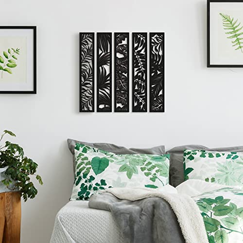 Blulu 5 Pieces Wooden Wall Art Hollow Wall Decor Wood Panels for Home Decorations Bedroom Living Room, 15.7 x 2.9 x 0.2 Inch(Leaf,Black) - Image 5