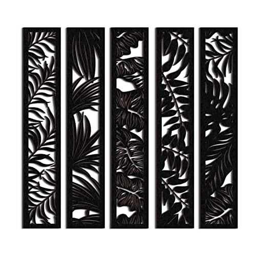 Blulu 5 Pieces Wooden Wall Art Hollow Wall Decor Wood Panels for Home Decorations Bedroom Living Room, 15.7 x 2.9 x 0.2 Inch(Leaf,Black) - Image 1