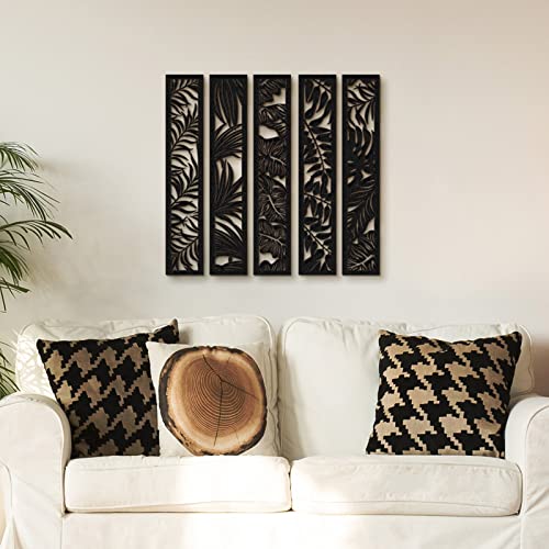 Blulu 5 Pieces Wooden Wall Art Hollow Wall Decor Wood Panels for Home Decorations Bedroom Living Room, 15.7 x 2.9 x 0.2 Inch(Leaf,Black) - Image 4