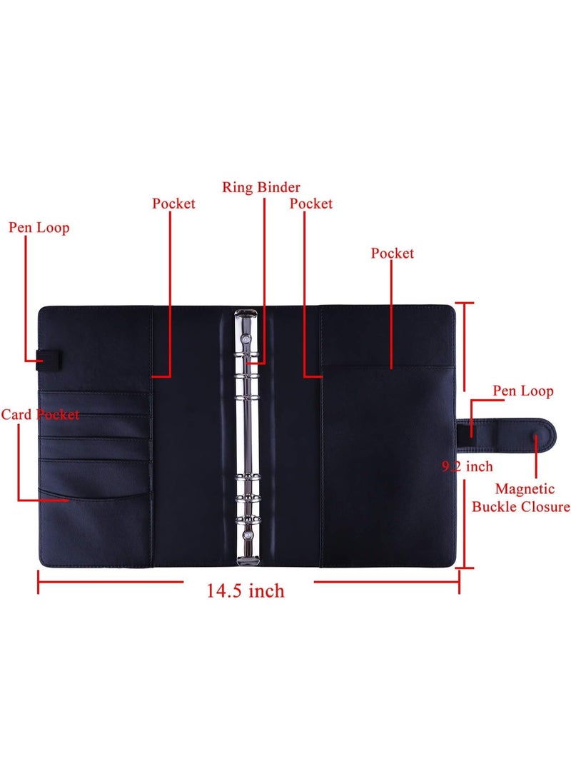 A5 PU Leather 6-Ring Notebook Binder Cover for Filler Paper, Refillable Personal Planner Budget With Magnetic Buckle Closure, Black - Image 2