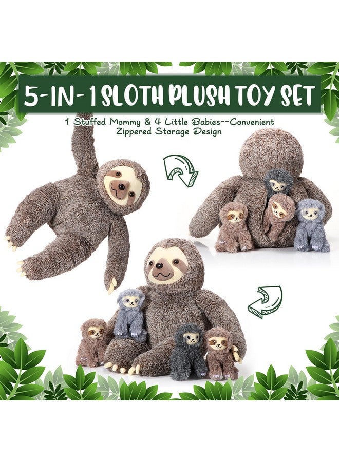 Kasyat 5 Pcs Sloth Stuffed Animal 13 Inch Mommy Sloth Stuffed Animal with Baby Sloth Plush in Zippered Belly Sloth Toys for Kids Birthday - Image 4