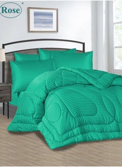 Rose ROSE Luxurious Striped Hotel Comforter, Premium Microfiber, Set of 6 pieces, Soft Lightweight, King size 260x240 cm, Teal  - Image 1
