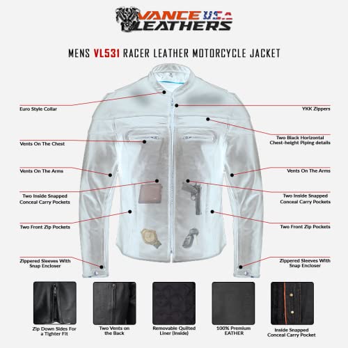 Vance Leather's Men's Premium Leather Motorcycle Racer Jacket with Vents Reflective Piping and CCW Pockets (L) - Image 4