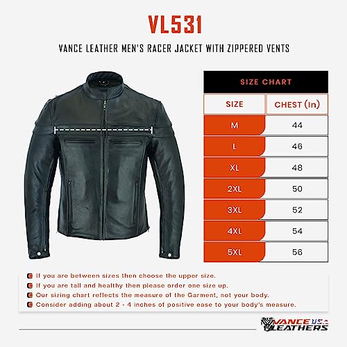 Vance Leather's Men's Premium Leather Motorcycle Racer Jacket with Vents Reflective Piping and CCW Pockets (L) - Image 3