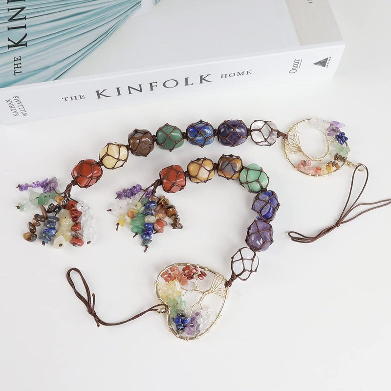 iSTONE 2 Pieces of 7 Chakras Healing Crystals and Tree of Life Wall Hanger Tumbled Gemstones Meditation Hanging Ornament Christmas Tree Memorial Hanging Pendant (Style 4) - Image 3