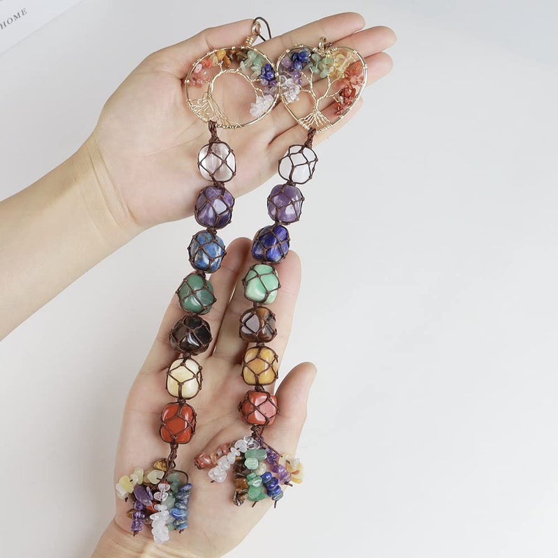 iSTONE 2 Pieces of 7 Chakras Healing Crystals and Tree of Life Wall Hanger Tumbled Gemstones Meditation Hanging Ornament Christmas Tree Memorial Hanging Pendant (Style 4) - Image 5