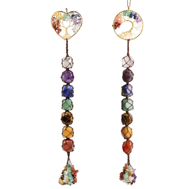 iSTONE 2 Pieces of 7 Chakras Healing Crystals and Tree of Life Wall Hanger Tumbled Gemstones Meditation Hanging Ornament Christmas Tree Memorial Hanging Pendant (Style 4) - Image 1