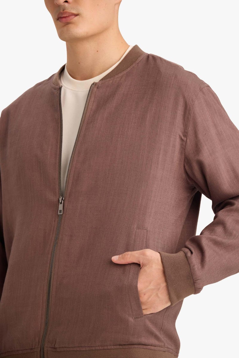 DeFacto Brown Man Linen Blend Zip-Up Jacket Casual - Image 3