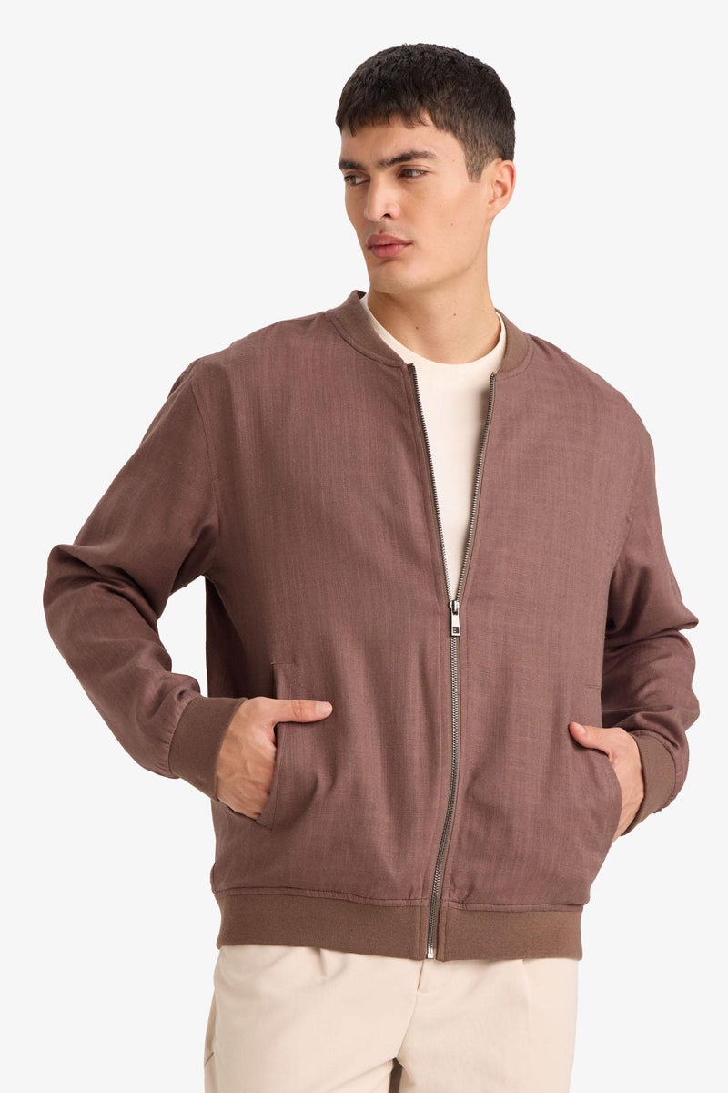 DeFacto Brown Man Linen Blend Zip-Up Jacket Casual - Image 2