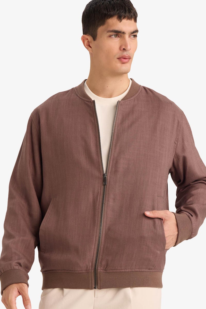 DeFacto Brown Man Linen Blend Zip-Up Jacket Casual - Image 1