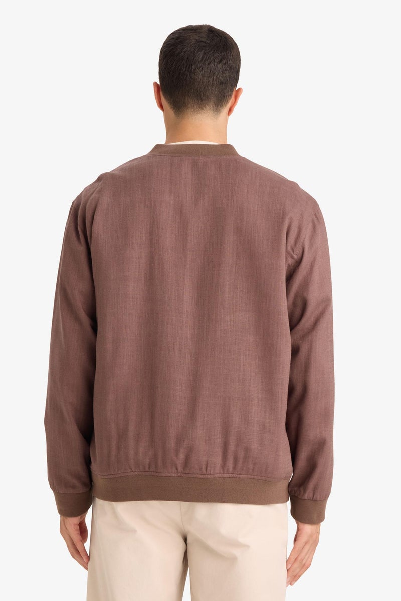 DeFacto Brown Man Linen Blend Zip-Up Jacket Casual - Image 4