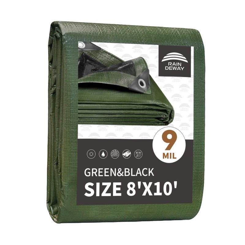 RAINDEWAY Tarps 8x10 Feet,Tarp Waterproof,9Mil Thick,Finished Size,Multipurpose Poly Tarp Cover with Metal Grommets and Reinforced Edges,Green/Black Tarpaulin - Image 1