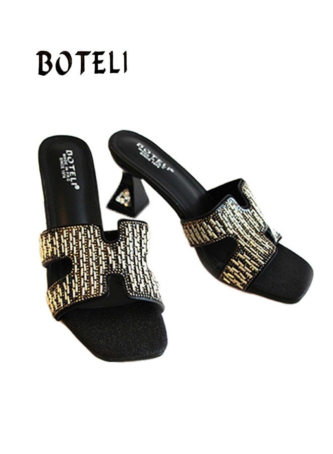 BOTELI The Women's 36-42 Sizes Sandal Category Features A Square Toe Design With Rhinestones On The Upper And A High Heel. - Image 2
