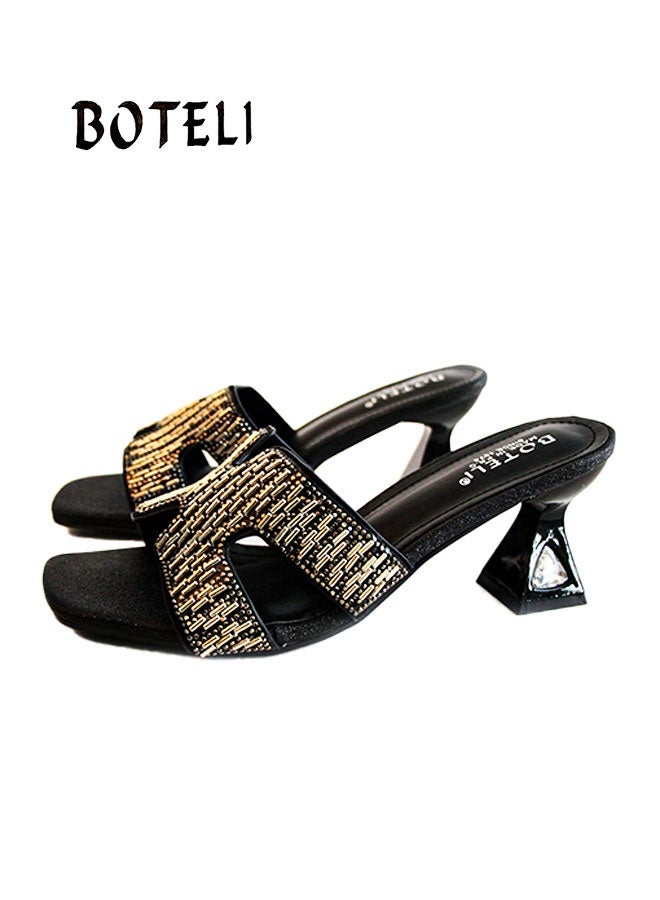 BOTELI The Women's 36-42 Sizes Sandal Category Features A Square Toe Design With Rhinestones On The Upper And A High Heel. - Image 1