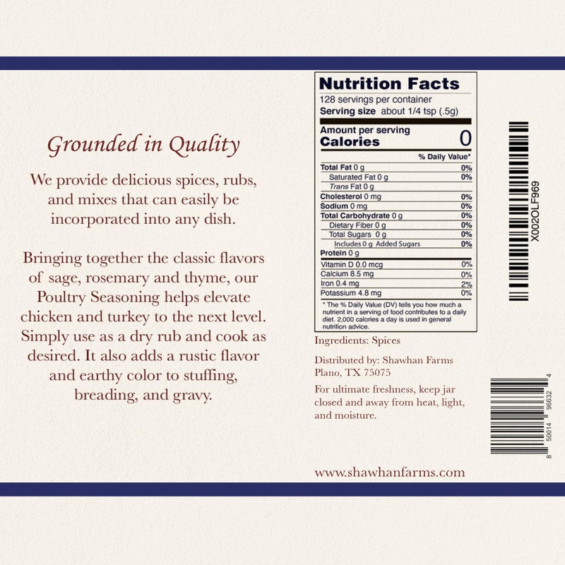Shawhan Farms Classic Poultry Seasoning - Naturally Gluten-Free - Non-GMO - Perfect Blend for Chicken, Turkey, Stuffing, Dressing - 2.25 Ounce Bottle - Image 2