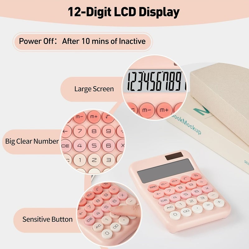 آلة حاسبة مكتبية مكونة من 12 رقمًا، تعمل بالطاقة المزدوجة من البطارية والشمس، مع شاشة LCD وردية اللون، للاستخدام في المنزل والمكتب. - Image 5