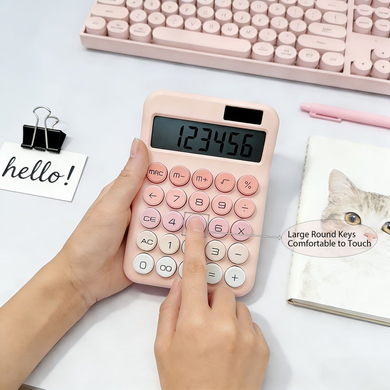 آلة حاسبة مكتبية مكونة من 12 رقمًا، تعمل بالطاقة المزدوجة من البطارية والشمس، مع شاشة LCD وردية اللون، للاستخدام في المنزل والمكتب. - Image 3