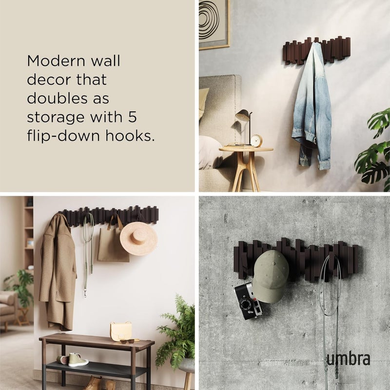 Umbra Sticks Multi Rack – Modern Space-Saving Hanger with 5 Flip-Down Hooks in Brown - Image 4