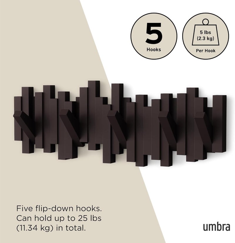 Umbra Sticks Multi Rack – Modern Space-Saving Hanger with 5 Flip-Down Hooks in Brown - Image 5