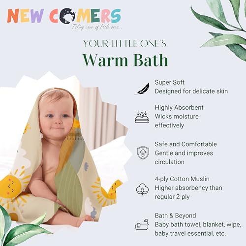 NEW COMERS® 100% Cotton Muslin 4 Layered Baby Bath Towel for New Born, Quick Absorbent, Wash Cloth Premium Soft Towels for Kids-Toddlers-Infants-Babies- 65X110 cm- TWL_06 - Image 5