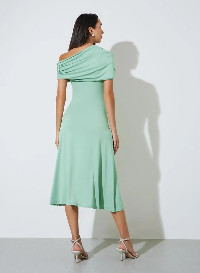 Styli mint green Green Asymmetric Neck Ruched Maxi Dress for Women | Best Price UAE