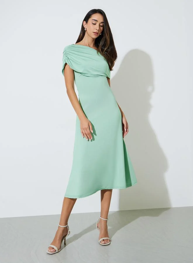 Styli mint green Green Asymmetric Neck Ruched Maxi Dress for Women | Best Price UAE