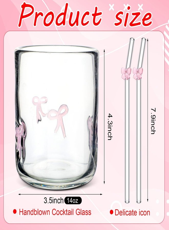 Skylety مجموعة سكايليتي 2 أكواب عصير مزينة بأيقونة bow وردية مع مصاصات زجاجية وردية، كوب جمالي سعة 14 أونصة، كوب كوكتيل مزدوج قديم الصنع، مناسب للنساء والأخوات والأصدقاء، غير مناسب للماء الساخن - Image 2